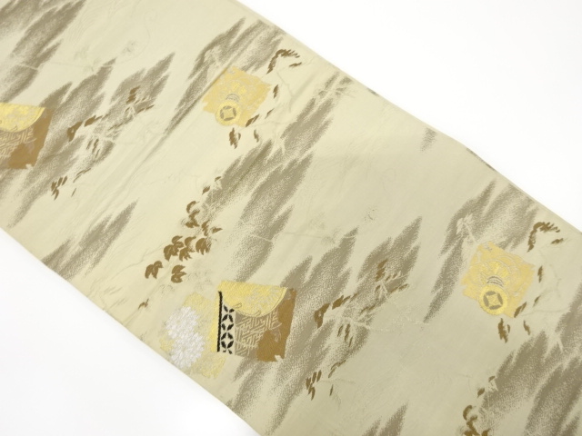 JAPANESE KIMONO / ANTIQUE MARU OBI / SILK / WOVEN DRUM & IVY LEAVES